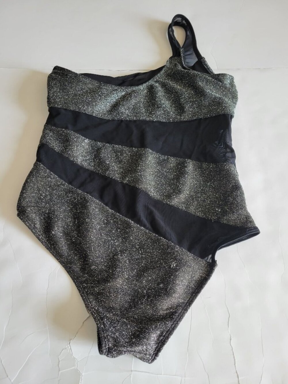 Coeur De Vague One Shoulder Silver Black Mesh 1 Piece Swim Suit Size L Beach - Picture 6 of 9